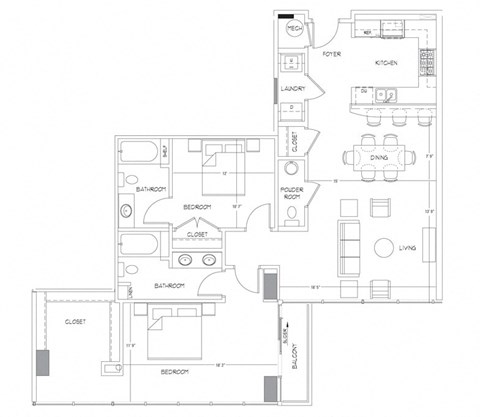Floor plan for 2 beds, 2.5 baths, 1390 sqft